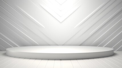 Soft light white abstract stage in elegant futuristic geometric style with simple lines and corners, polygons as background with white wood shelf for advertisement, presentation products, design