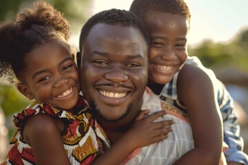 African father and his children smiling, in the style of humanistic empathy, reductionist form, dark brown and light brown, International Day of Family Remittances. - obrazy, fototapety, plakaty