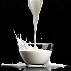 A stream of milk pours into a clear glass bowl, creating a splash. The milk spills over the bowl onto the table. The background is black. ai generative
