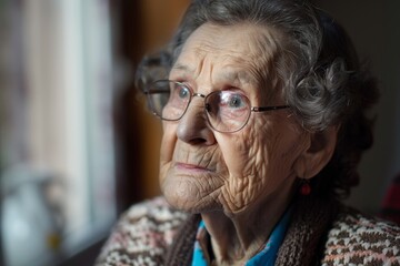 An old woman is staring out of her window, in the style of focus stacking, brown and aquamarine, World Elder Abuse Awareness Day.
