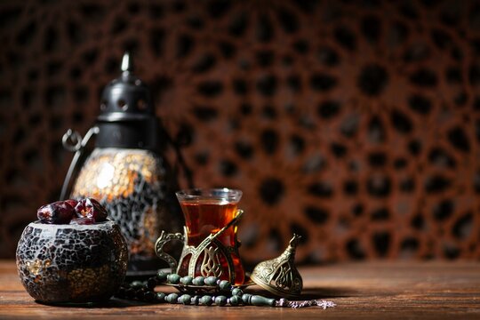 Islamic new year decoration with tea and dates