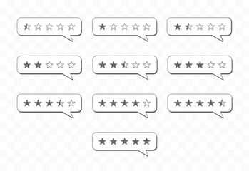 Star rating icons on transparent background. One to five full and half full stars. One to five star halfling feedback, review, rate us symbols. Stock illustration