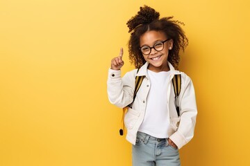 half-portrait of a cheerful African girl with glasses and a backpack on a yellow background pointing with her finger at the free space - obrazy, fototapety, plakaty