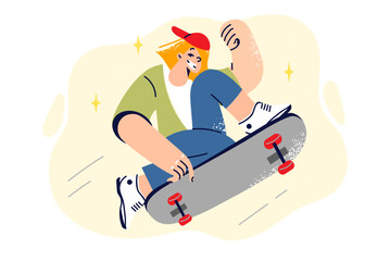 Teenage girl rides skateboard, doing extreme tricks and enjoying active form of recreation