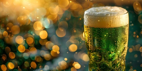 A vibrant St Patrick's Day showcase featuring green beer and golden bokeh background. Concept St Patrick's Day Photoshoot, Green Beer, Golden Bokeh Background - obrazy, fototapety, plakaty