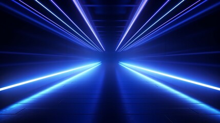 Tunnel in blue neon light, underground passage. Abstract blue background. Background of an empty black corridor with neon light. Abstract background with lines and glow