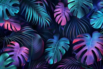 Dark green tropical leaves colorful neon light backlight Monstera palm Generative AI