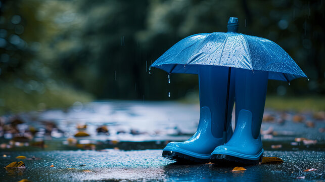 Umbrella and blue rubber boots as bad rainy weather concept