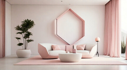Fototapeta na wymiar interior room decoration and structural background in pink color in pentagonal and hexagonal background decorated with the lightening and interior luxurious design 