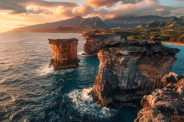 Free photo beautiful scenery of rock formations by the sea at queens bath, Kauai, Hawaii at sunset