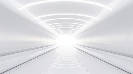 White futuristic tunnel leading to light. Wide angle. Modern style abstract 3d rendered background