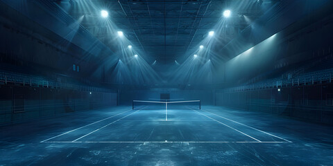 A dimly lit stadium with a stage and smoke coming out of the ceiling, A dimly lit tennis court with a net and lights in the background - obrazy, fototapety, plakaty