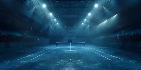 Fototapeten A dimly lit stadium with a stage and smoke coming out of the ceiling, A dimly lit tennis court with a net and lights in the background © Mustafa