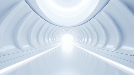 White futuristic tunnel leading to light. Wide angle. Modern style abstract 3d rendered background