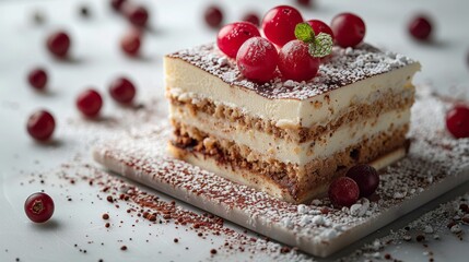 Decadent slice of tiramisu topped with fresh cranberries and a dusting of powdered sugar on a minimalist white background