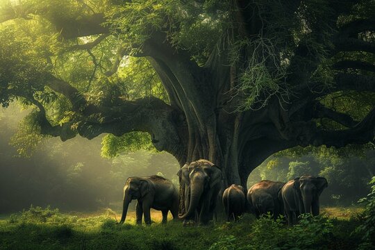 Free photo group of elephants under the big green tree in the wilderness