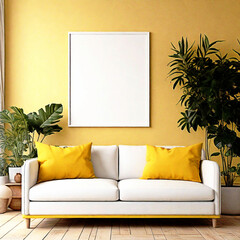 Vertical wall art frame mockup in living room interior, modern style, sofa and wooden parquet floor