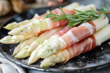 cooked white asparagus with ham and sauce. AI generative. - 745780999