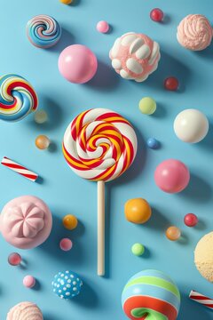 A vibrant assortment of candy treats, including lollipops, hard candies, and bonbons, are displayed indoors, tempting with their bright colors and irresistible sweetness