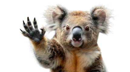 Poster A curious koala bear stands tall with its paw raised, showcasing its fluffy fur and adorable snout as a quintessential terrestrial marsupial in the wild © Daniel