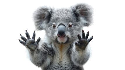 A curious koala bear stands tall with its paws raised in the sky, showcasing its soft fur and distinctive snout as a quintessential marsupial of the great outdoors