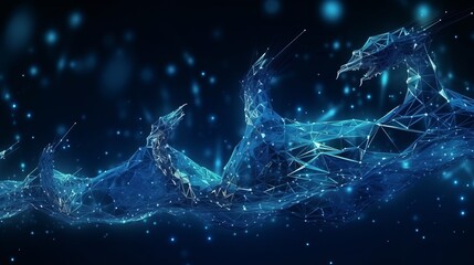 Abstract flying dragons on a dark blue background. Technological background for design on the topic of artificial intelligence, neural networks, big data. Copy space