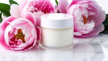 Face or body care cream surrounded by delicate peonies, beauty, natural cosmetics