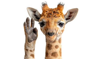 A young giraffe stands tall with its hand raised, showing off its curious and playful nature in the great outdoors