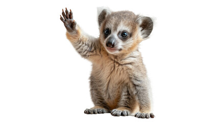 A curious lemur raises its hand while exploring the great outdoors with its soft fur and distinctive snout on display