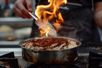 Chef flambeing a tiramisu, with a burst of flames rising above the dessert in a metal pan, creating an exciting culinary scene