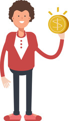 Frizzy Hair Man Character Holding Dollar Coin
