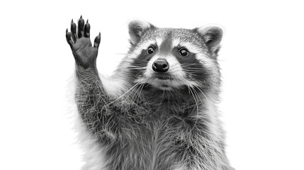 A curious raccoon stands on its hind legs, with one paw raised inquisitively, showcasing its adorable snout and thick fur