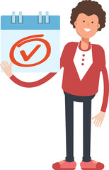 Frizzy Hair Man Character and Check Mark Sign
