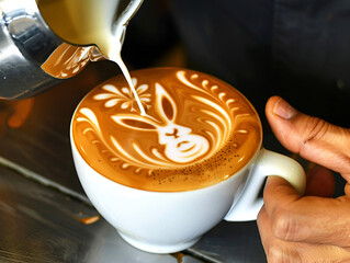 Coffee latte with rabbit art. Skillful barista pouring steamed milk, creating a cozy atmosphere. Perfect for coffee shops, cafes, and beverage advertising. - obrazy, fototapety, plakaty