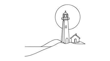 Continuous one simple single abstract line drawing of lighthouse icon in silhouette on a white background. Linear stylized