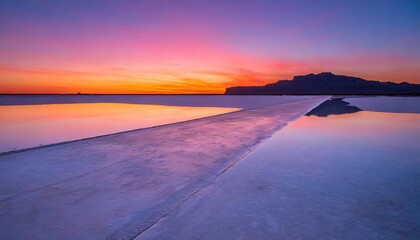 A vast salt flat reflecting a vibrant sunrise, with the sky painted in hues of pink, orange, and purple.