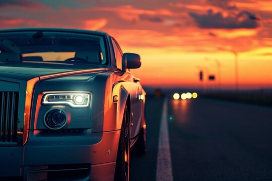 Free photo luxurious car parked on the highway with an illuminated headlight at sunset