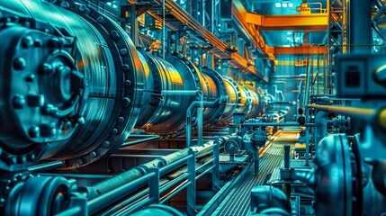 A massive industrial machine dominates the factory floor, its intricate engineering made visible through exposed pipes and gleaming steel and metal components