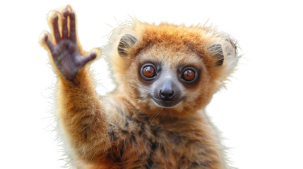 A furry lemur, a terrestrial primate, stands outdoors waving its hand, showcasing its wild and playful nature