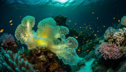 A vibrant coral reef teeming with bioluminescent creatures glowing in the depths of the ocean.