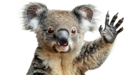 A terrestrial mammal, the koala bear, stands in the wilderness, its furry snout raised in a friendly wave