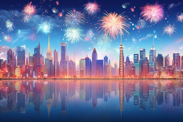 The colorful fireworks blooming over the city in the festive atmosphere