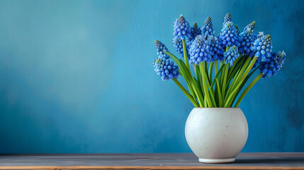 Muscari in full bloom arranged in a white round vase against a blue background