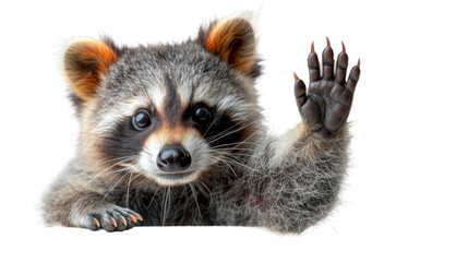 A curious raccoon stands on its hind legs with its paw raised, showcasing its fluffy fur and distinctive snout as a member of the procyonidae family in the wild