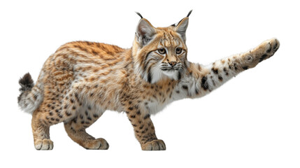 A majestic bobcat stands alert with its paw raised, showcasing its feline grace and wild nature - obrazy, fototapety, plakaty