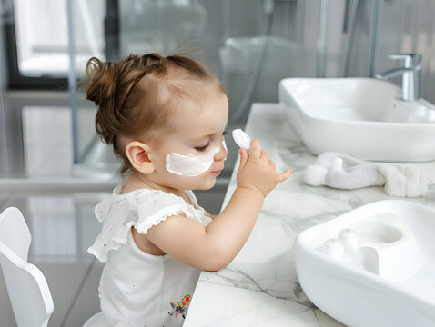 Child delicately applies cream on the face in a stylish bathroom. Perfect image for promoting children's skincare products and emphasizing the importance of skincare from a young age.