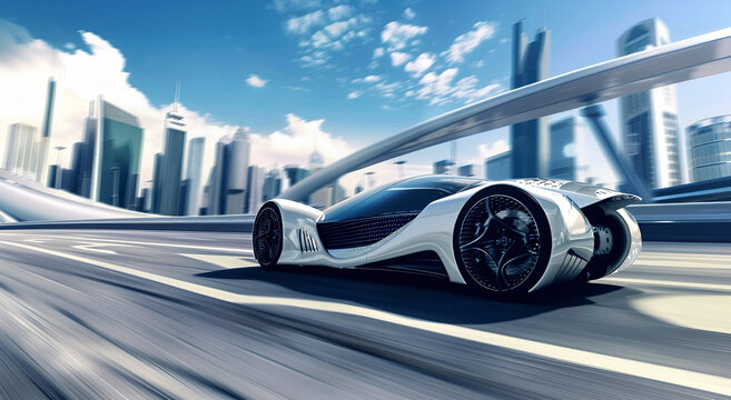 Graceful futuristic sports car glides along the road, showcasing ultra-modern aesthetics. Perfect image for promoting future automotive industry, technological innovations, and contemporary design. 