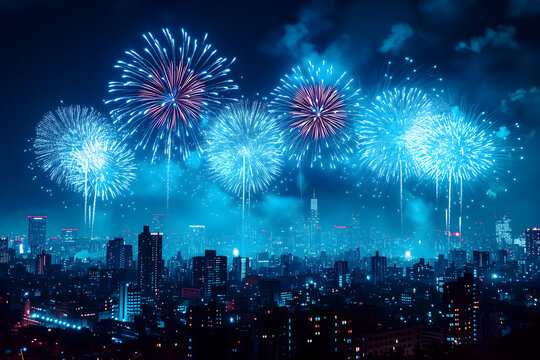 A spectacular image of fireworks illuminating the night sky over a city