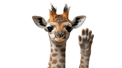 A young giraffe stands tall with its hand up, displaying its majestic snout in the wild