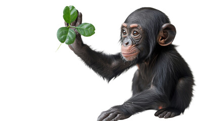 A tiny common chimpanzee clutches a vibrant leaf, showcasing the intelligence and dexterity of this simian species